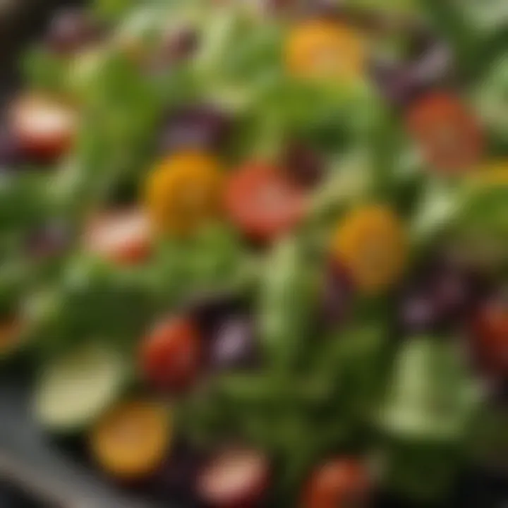 A close-up view of a colorful organic salad adorned with herbs