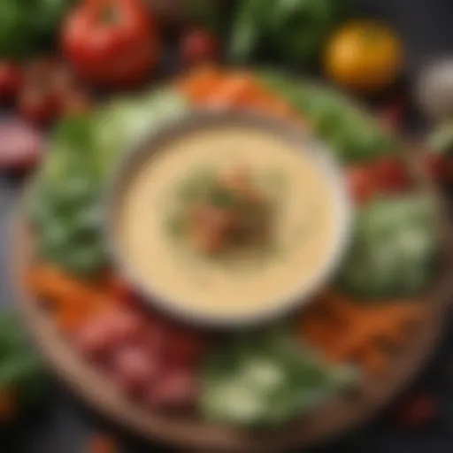 A vibrant bowl of plant-based queso surrounded by fresh vegetables