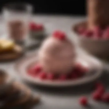 A beautifully styled plate of ruby cocoa ice cream paired with garnishes