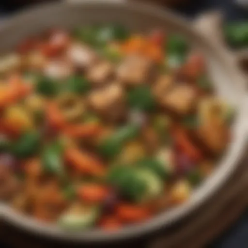 A vibrant dish featuring seitan with colorful vegetables