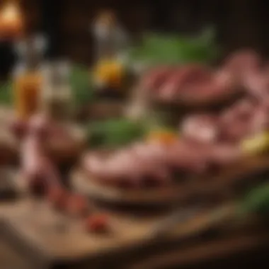 Ingredients for Smoked Sausage Preparation A rustic wooden table set with spices and herbs used in smoked sausage preparation