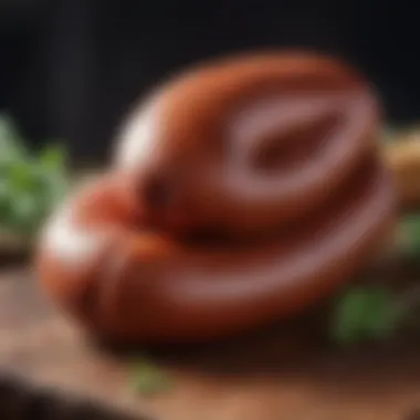Traditional Smoked Sausage A close-up of a traditional smoked sausage, showcasing its rich texture and flavor