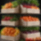 Elegant stackable produce boxes showcasing a variety of fruits and vegetables