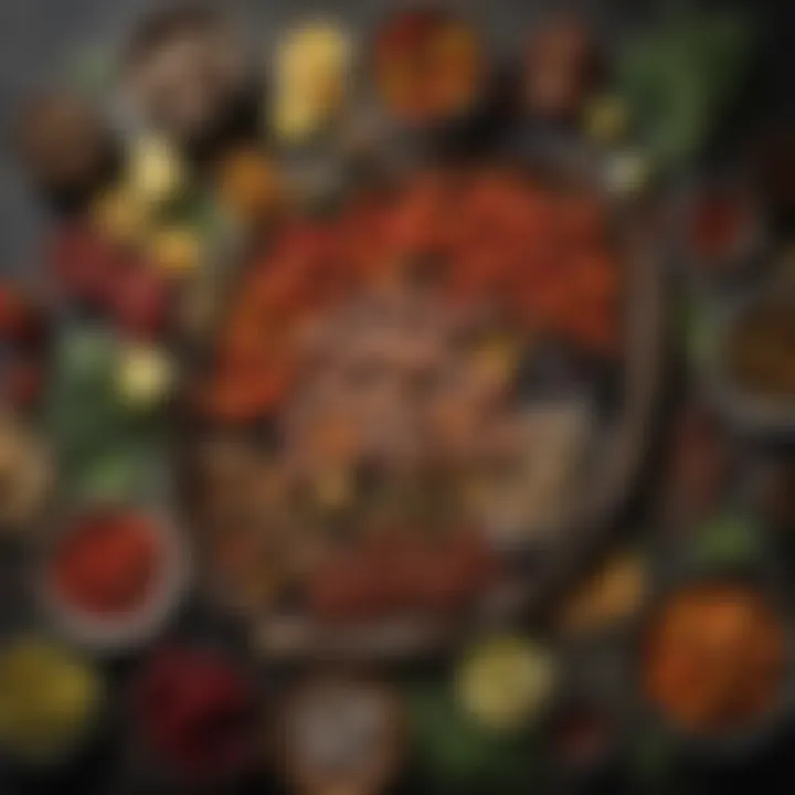 Fresh ingredients including olives, peppers, and seafood arranged artfully.