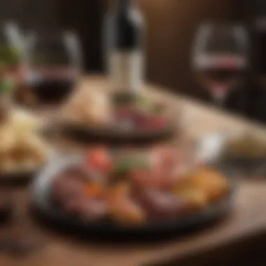 Tapas and Wine Table Setting A rustic table set with a selection of tapas and a glass of red wine.