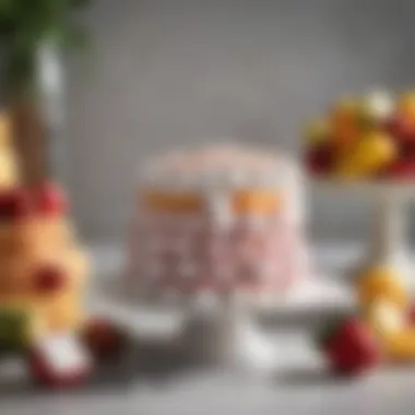 An elegant display of marshmallow treats paired with fresh fruits and decorative elements