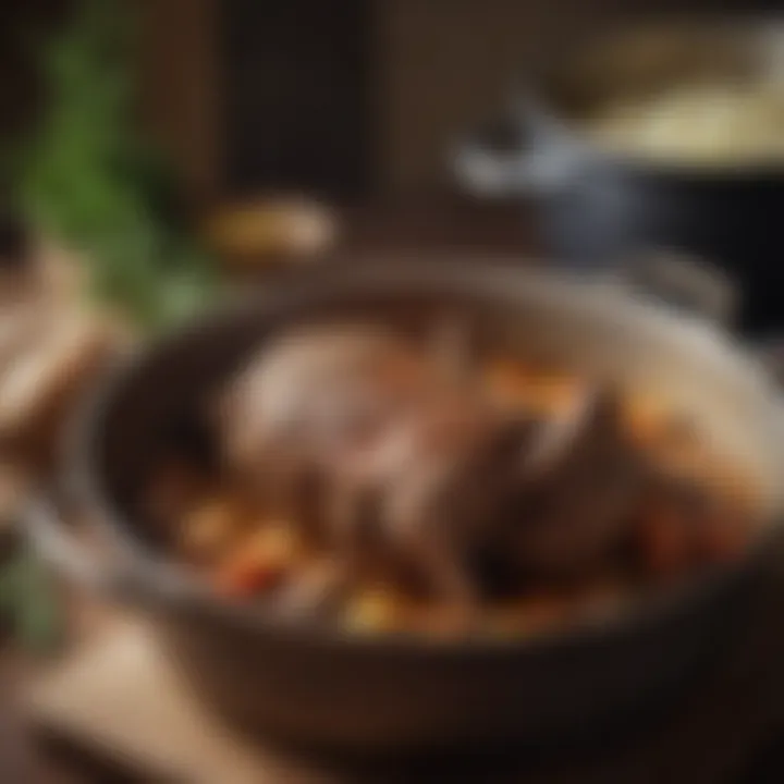 A rustic kitchen scene featuring lamb being slow-cooked in a pot