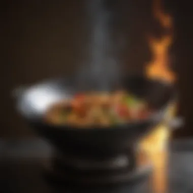 Traditional Chinese wok being heated over a flame.