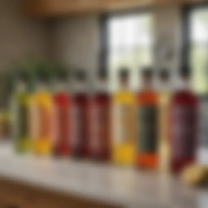 A variety of vinegar bottles on a kitchen counter