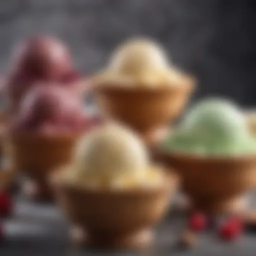 An elegant display of various homemade ice cream flavors in artisanal bowls