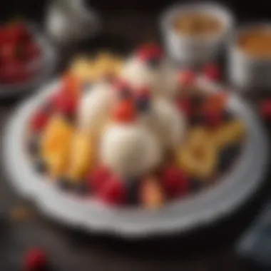 A beautifully arranged platter featuring ice cream topped with fruits and sauces