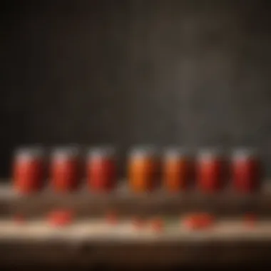 A variety of jarred tomato sauces on a rustic wooden table.