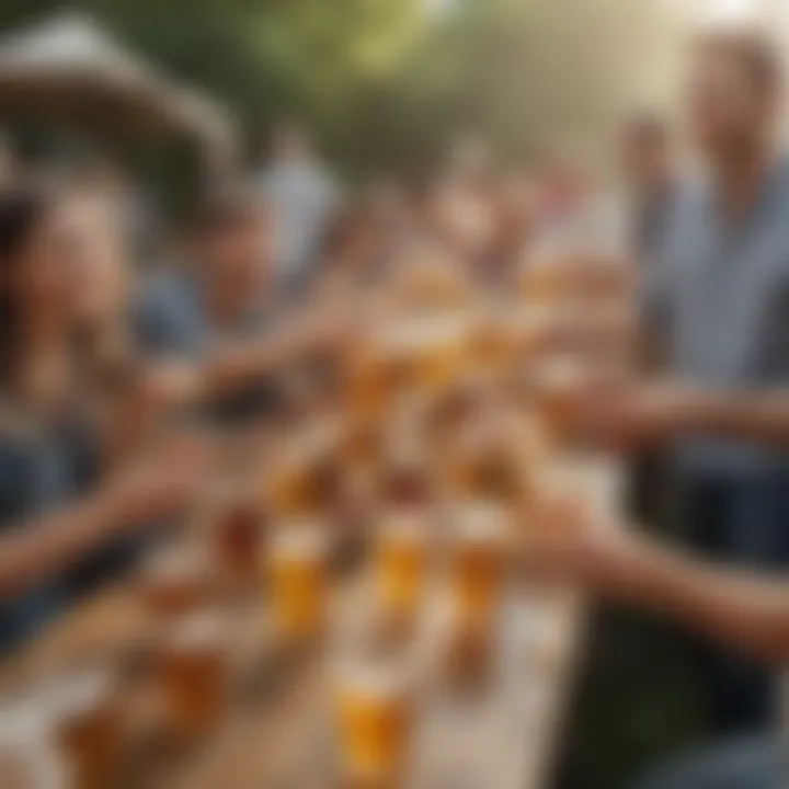 A vibrant outdoor gathering featuring individuals enjoying nonalcoholic beers, celebrating a social occasion.