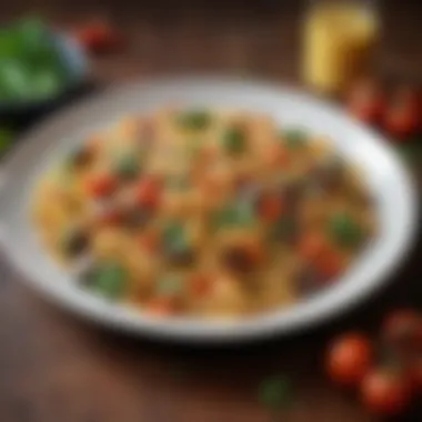 Delicious Paleo Pasta Dish A close-up of a delicious plate of paleo pasta topped with fresh vegetables and herbs.