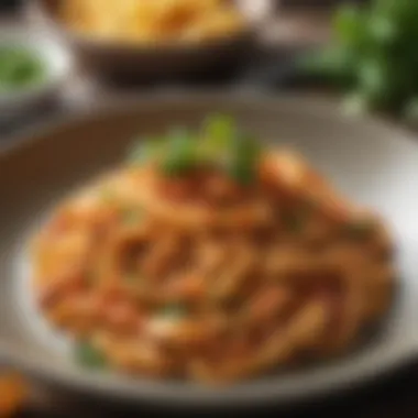 Elegant Paleo Pasta Presentation An elegantly plated bowl of paleo pasta with a rich sauce, garnished with fresh parsley.