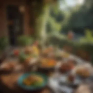 Vibrant terrace with lush greenery and colorful dishes