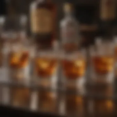 Whiskey Bullets Set on Bar Stylized whiskey bullet set on a polished bar top