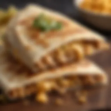 A close-up of the melted cheese and chicken in a quesadilla