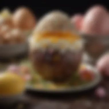 A close-up of an intricate Easter egg dessert