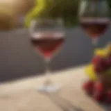 A close-up of a glass of red wine reflecting sunlight