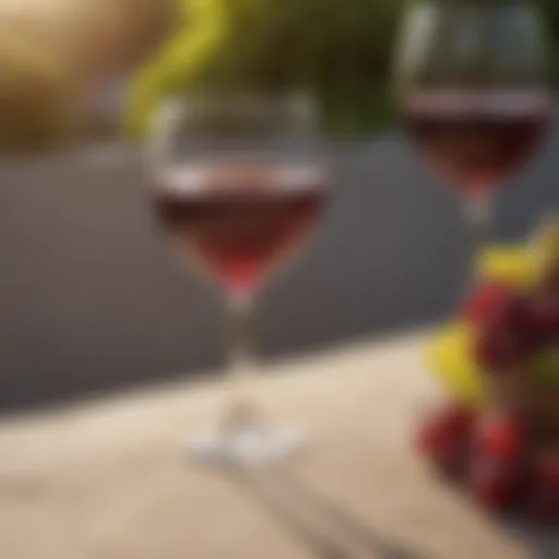 A close-up of a glass of red wine reflecting sunlight