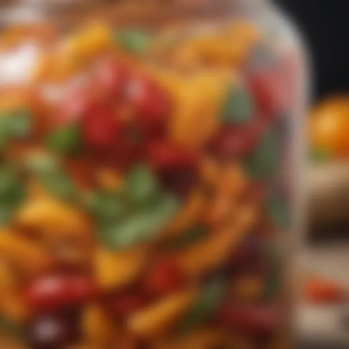 A close-up of a jar filled with homemade Acar, showcasing its vibrant colors and textures