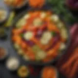 A vibrant display of pickled vegetables arranged in a decorative bowl