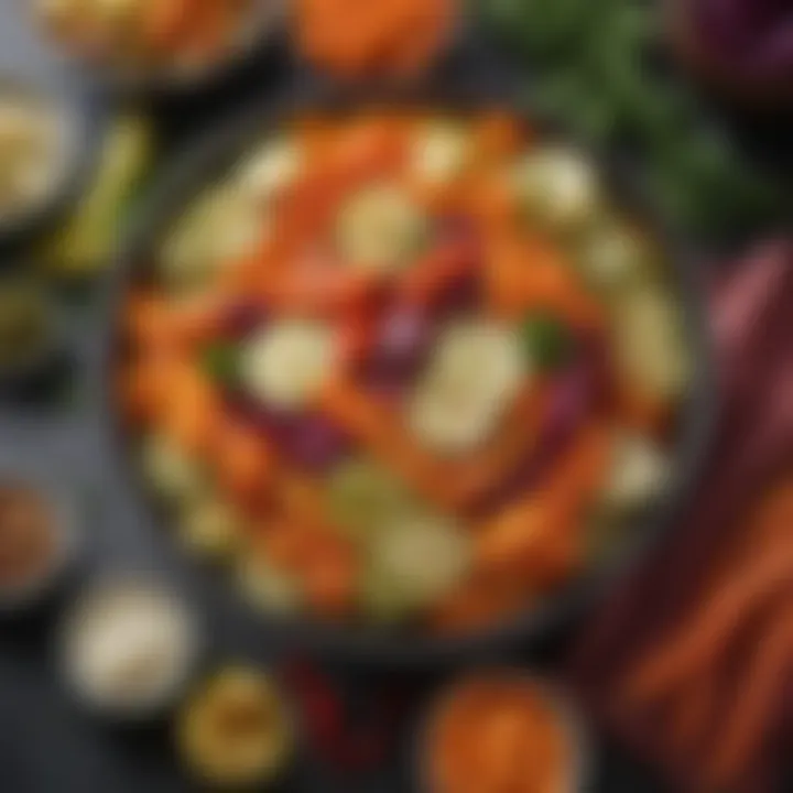 A vibrant display of pickled vegetables arranged in a decorative bowl