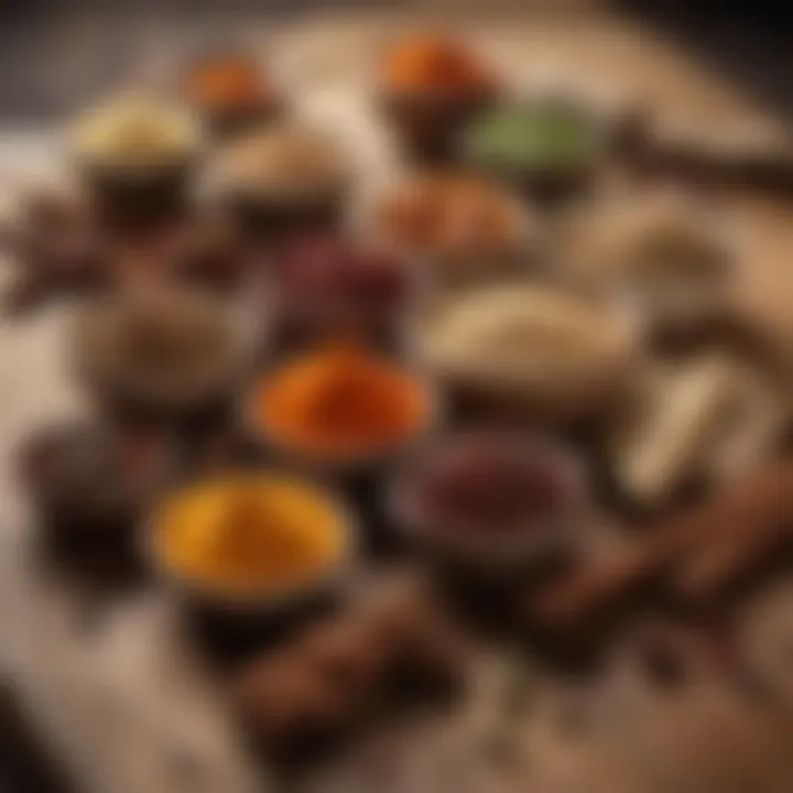 An assortment of spices commonly used in Acar preparation, artfully displayed on a wooden surface