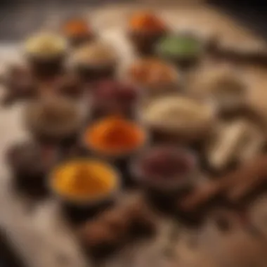 Spices for Acar An assortment of spices commonly used in Acar preparation, artfully displayed on a wooden surface