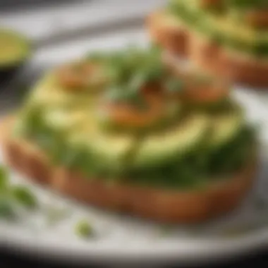 Delicious Avocado Toast Creation A close-up of vibrant avocado toast garnished with fresh herbs