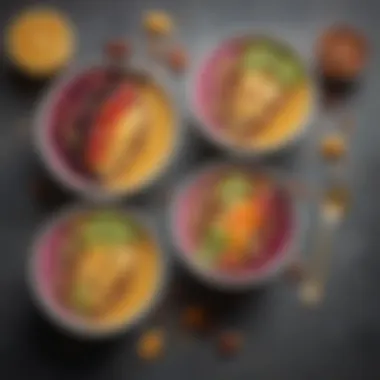 Vibrant Smoothie Bowl Selection A variety of colorful smoothie bowls topped with seeds and nuts