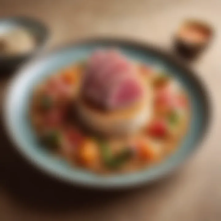 An artistic arrangement of crispy rice tuna on a decorative plate with garnishes.