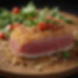 A close-up view of crispy rice tuna showcasing its layered texture and vibrant colors.