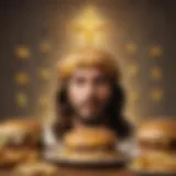 A surreal depiction of Cheeseburger Jesus surrounded by religious symbols