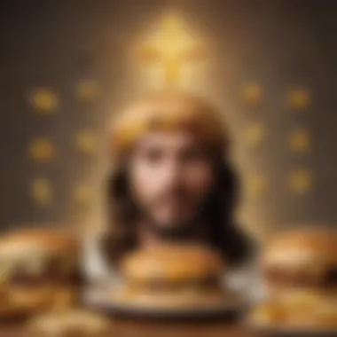 A surreal depiction of Cheeseburger Jesus surrounded by religious symbols