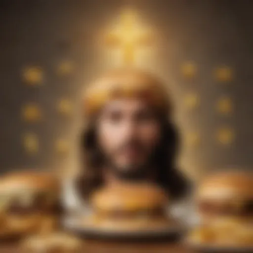 A surreal depiction of Cheeseburger Jesus surrounded by religious symbols