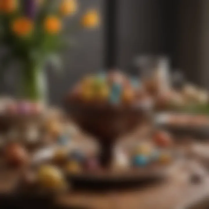 Colorful Easter decorations surrounding a chocolate egg centerpiece