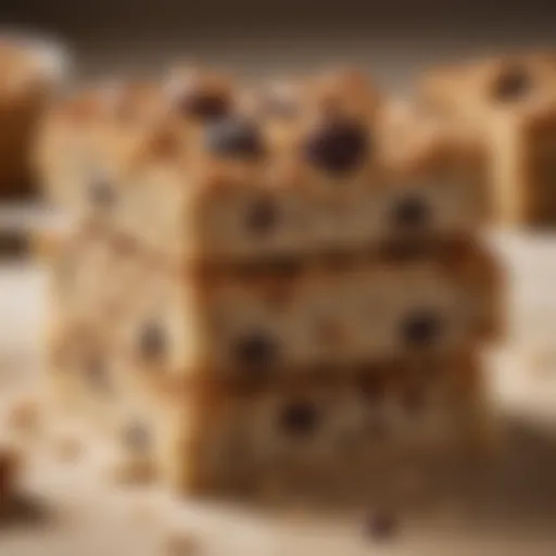 A close-up view of a freshly baked raisin oatmeal bar, showcasing its texture and color.