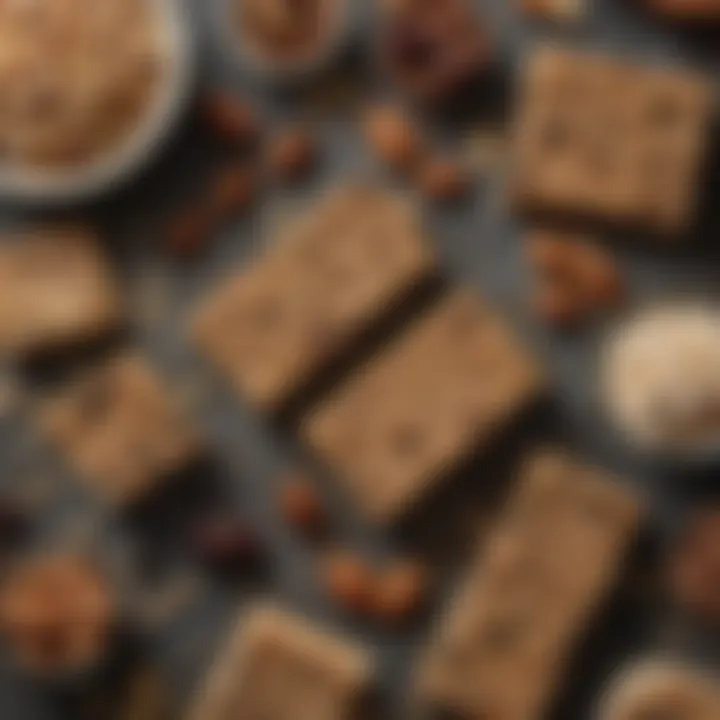 An assortment of ingredients used in making raisin oatmeal bars, including oats, raisins, and nuts.