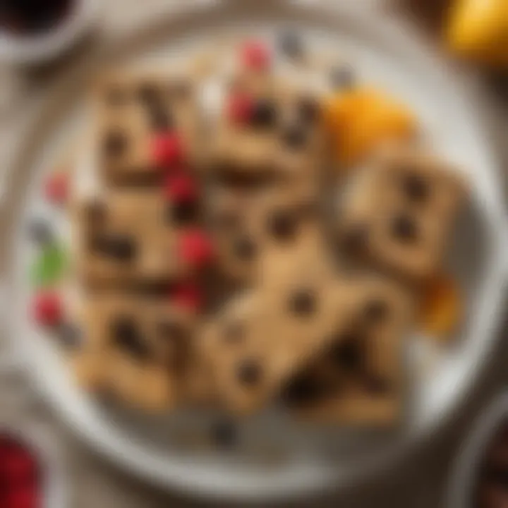 A beautifully arranged plate of raisin oatmeal bars, garnished with fresh fruits.
