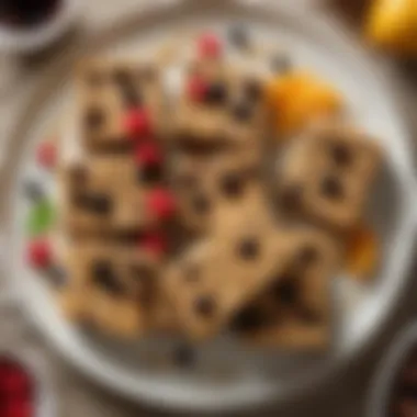Beautifully Presented Raisin Oatmeal Bars A beautifully arranged plate of raisin oatmeal bars, garnished with fresh fruits.