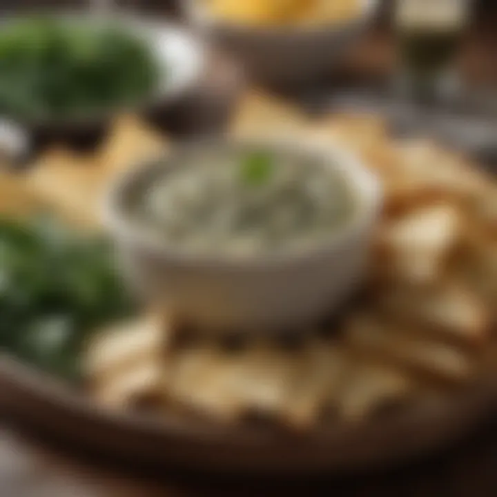 An elegant presentation of spinach artichoke dip with garnishes and dipping options