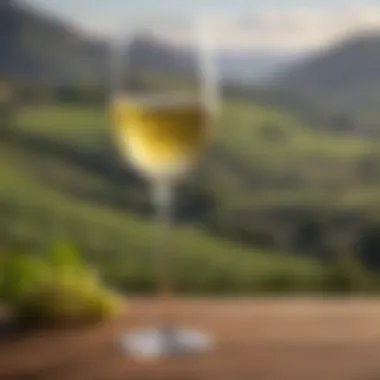 Close-up of a glass of Riesling wine with a scenic backdrop