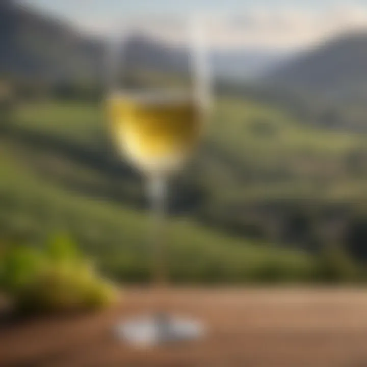 Close-up of a glass of Riesling wine with a scenic backdrop