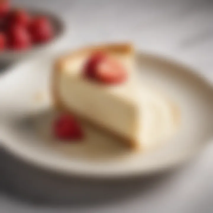 A slice of no bake cheesecake served on a decorative plate