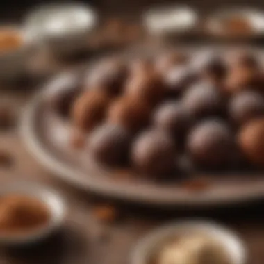 Decadent Vegan Cocoa Truffles A platter of assorted vegan cocoa truffles dusted with cocoa powder and coconut flakes.