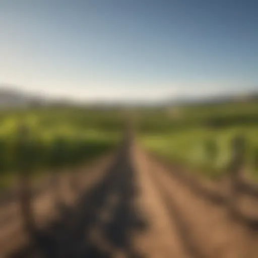 A scenic vineyard landscape showcasing rows of grapevines under a clear blue sky