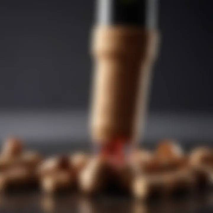 A close-up of a wine cork being pulled from a bottle, revealing the rich amber color of the wine