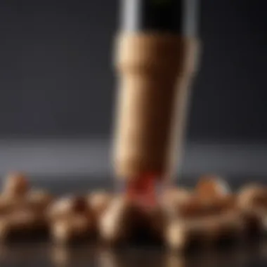 Uncorking a Bottle of Wine A close-up of a wine cork being pulled from a bottle, revealing the rich amber color of the wine